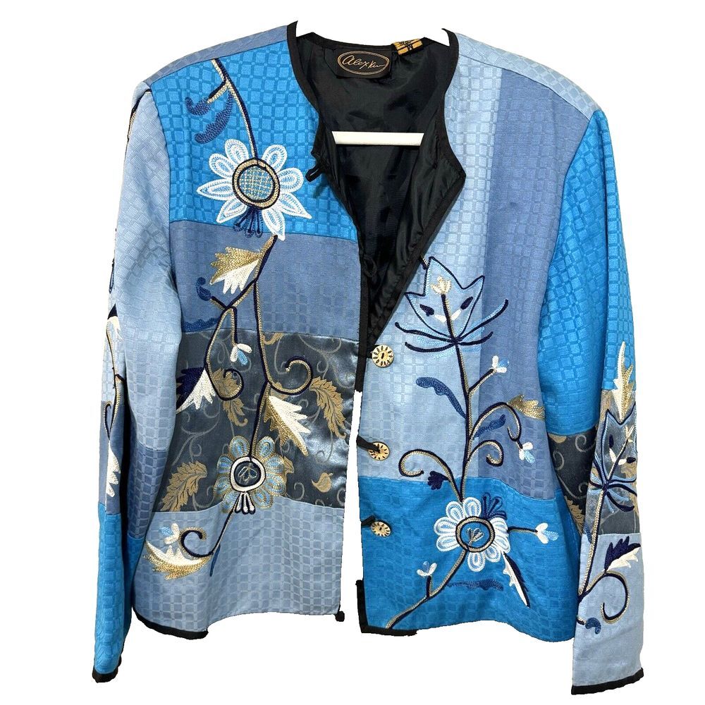 Alex Kim Patchwork Sz.M,‎ Floral Embroidered Artsy Printed Jacket, Button Clz.